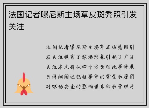 法国记者曝尼斯主场草皮斑秃照引发关注